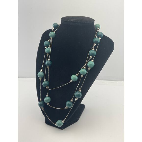 Vintage Green Beaded Silver Tone Bead Chain Necklace B8 - Picture 6 of 9